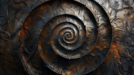 文様のある金属テクスチャの螺旋。暗い色調が神秘的で退廃的な雰囲気を醸し出す。