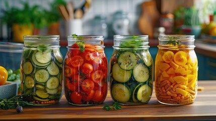 Home conservation for the winter. 4 glass jars with canned vegetables cucumbers, tomatoes, herbs, spices