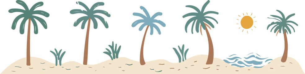simple vector illustration of palm trees, sea and sun on white background