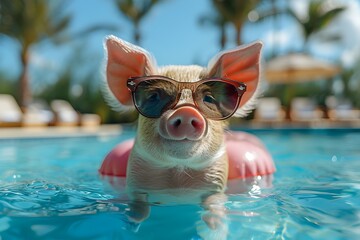 Miniature Pig with Sunglasses Floating on Inflatable Flamingo in Pool with Palm Trees and Blue Sky
