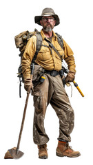 Fototapeta premium PNG of An experienced gold miner standing with a shovel, ready for prospecting and excavation in rugged terrain.