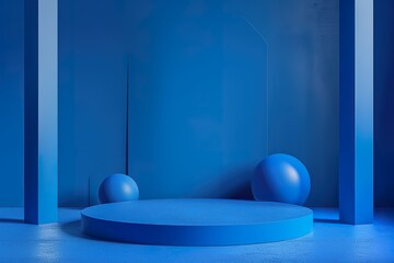Stand podium wall scene Blue color background, geometric shape for product display presentation