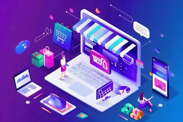 Obraz premium Isometric Web Store Marketing Navigating Ecommerce Platform Choices for Business Success
