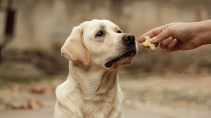 Obedient Golden Labrador Waiting for a Treat from Owner's Hand