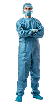 PNG ofA surgeon in blue surgical attire with arms crossed, representing medical expertise, healthcare professionalism, and operating room readiness.
