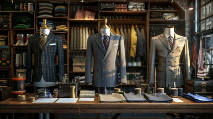 Naklejka premium Exquisite Tailored Suits Bespoke Workshop with Fine Fabrics Thread Spools and Business Cards