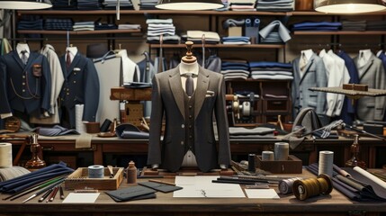 Exquisite Tailored Suits Bespoke Workshop with Fine Fabrics Thread Spools and Business Cards