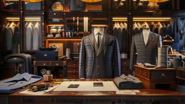 Exquisite Tailored Suits Bespoke Workshop with Fine Fabrics Thread Spools and Business Cards
