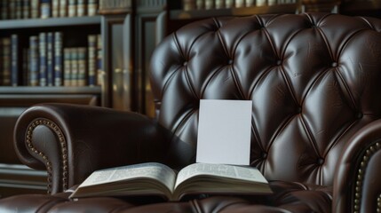 Fototapeta premium Cozy Reading Nook Blank Business Cards Nestled in Open Book on Leather Armchair