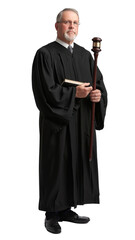 PNG of Experienced judge in black robes posing with a gavel, representing the judiciary and legal authority in court.
