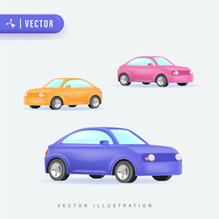 Three Car in Different Colors Isolated Background. 3D Style Vector Illustration. Transportation Concept