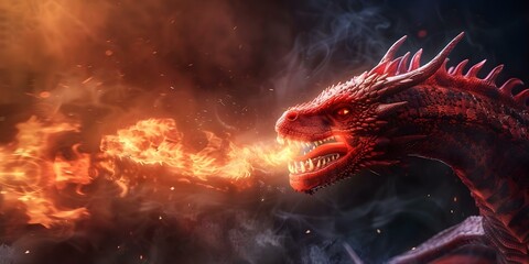Fantasy art of a red dragon breathing fire against a dark background. Concept Fantasy Art, Red Dragon, Fire Breathing, Dark Background, Mythical Creature
