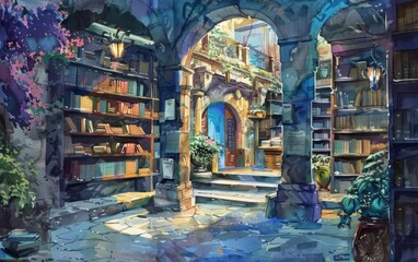 Obraz premium A cyber watercolor painting captures a quaint bookstore nestled amidst exotic surroundings, blending futuristic elements with traditional charm