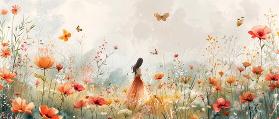 A peaceful meadow filled with wildflowers and tall grass, with butterflies fluttering around, Whimsical, Watercolor, Soft pastel tones, Dreamy ambiance