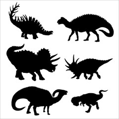Black silhouette of herbivorous dinosaurs. Edmontosaurus, Styracosaurus, Triceratops, Kentrosaurus, Pachycephalosaur und Parasaurolophus. Vector illustration.  © Lunstream
