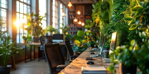 Obraz premium Green coworking office interior with sustainable design. Concept Coworking Spaces, Sustainable Design, Green Office, Interior Decor, Eco-Friendly,