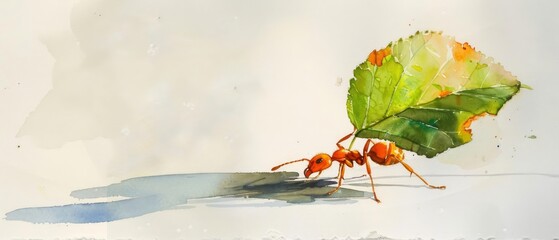 Naklejka premium A small, diligent ant carrying a leaf is captured in watercolor, symbolizing the essence of persistence and hard work