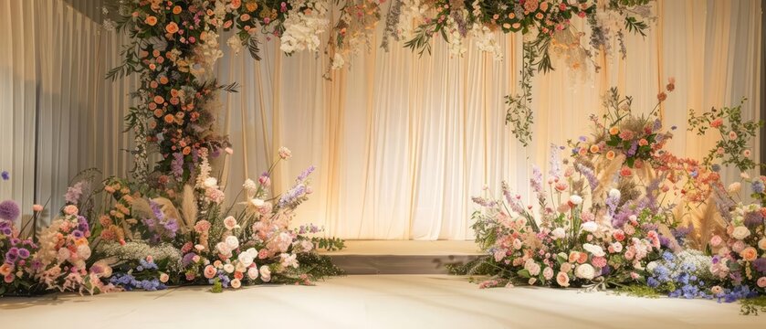 A softly floraldecorated stage is utilized for a runway show at the bridal expo, enhancing the elegance of the event