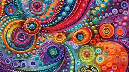 Horisontal abstract illustration of psychedelic colorful swirls and dots, vibrant colors. High quality photo