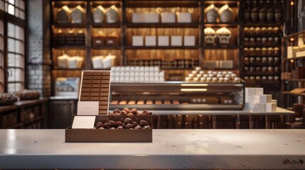 Indulge in Luxury Gourmet Chocolate Shop with Artisanal Treats Business Cards and Cocoa Bean Display Stock Image