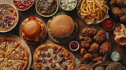 delivery foods. Hamburgers, pizza, fried chicken and sides. Top view
