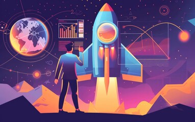 An illustration captures the excitement of an entrepreneur as they prepare to launch a new ondemand service, embodying a fresh business concept