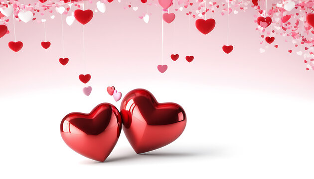  Two glossy red hearts intertwined against a backdrop of falling hearts in various shades of pink and red. Perfect for Valentine's Day, romantic, or wedding themes.
