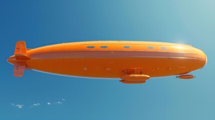 A majestic orange zeppelin floats gracefully against the clear blue sky.