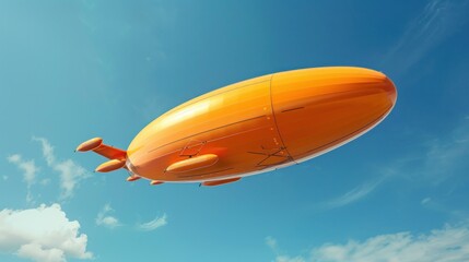 A majestic orange zeppelin floats gracefully against the clear blue sky.