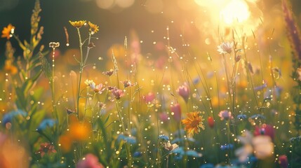 Tranquil meadow filled with wildflowers and tall grass, morning dew glistening in the sunlight, Realism, Photography, Bright tones, Crisp detail