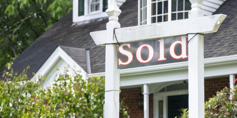 "SOLD" sign in front of a house with a lush garden, indicating a completed real estate transaction. Typical suburban home with greenery.