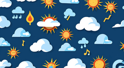 Obraz premium Paper cut cartoon of weather icons depicting heat waves ,summer and thunderstorm on a blue sky background, Modern illustration, concept 