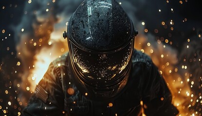 Fototapeta premium Man In A Helmet Surrounded By Sparks And Smoke
