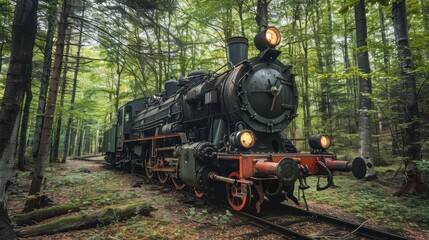 Obraz premium Old steam locomotive in the forest.