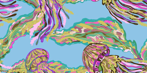 Wavy Jellyfish Colorful Tropical Sea Animals. Vector seamless overlapping pattern. © Naya Chu