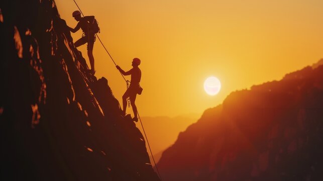 Silhouette of a climber on a rope team holding a wide-angle camera helping another climb to the top of a mountain at sunset.