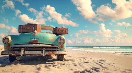 Obraz premium Vintage car with luggage on the beach
