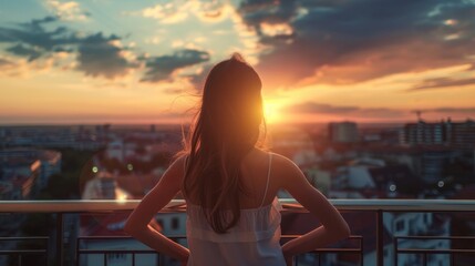 Young woman standing at balcony and watching sunset