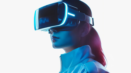 VRゴーグルをかけた女性。青とピンクのネオン照明