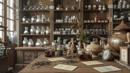 Naklejka premium Artisan Tea Blending Vintage Teapots Loose Leaf Tea and Business Cards in a Cozy Boutique
