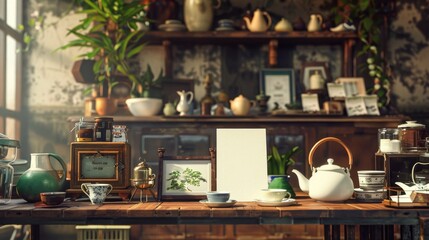 Artisan Tea Blending Vintage Teapots Loose Leaf Tea and Business Cards in a Cozy Boutique