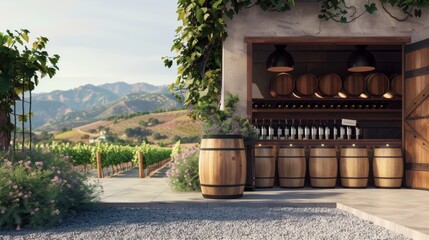 Obraz premium Vineyard Elegance Business Cards in the Barrel Room of a Winery Surrounded by Lush Vineyards and Rolling Hills