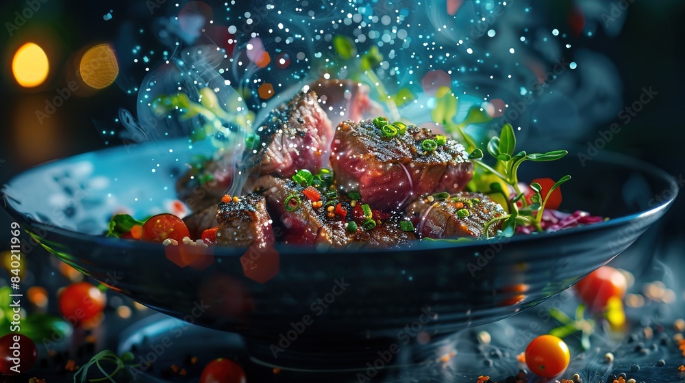 Wall mural bowl beef with a digital holographic flying around