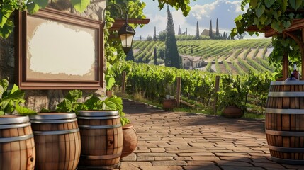Naklejka premium Vineyard Elegance Business Cards in the Barrel Room of a Winery Surrounded by Lush Vineyards and Rolling Hills
