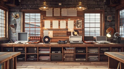 Vintage Vinyl A Charming Record Store with Retro Turntables Headphones and Classic Records for Sale