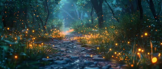 The ancient forest path, illuminated by the soft glow of fiberoptic fireflies, leads adventurers into an enchanting wilderness