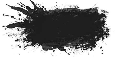 Abstract black ink splash on a transparent background features scattered splatters and strokes. The dynamic composition with bold, irregular ink blots creates a striking visual impact.