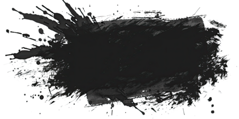 Abstract black ink splash on a transparent background features scattered splatters and strokes. The dynamic composition with bold, irregular ink blots creates a striking visual impact.