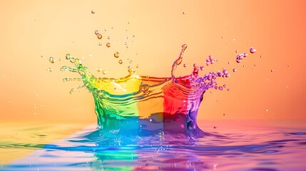Rainbow liquid splashing in Environmental Interaction, negative space, isolated on black background, advertising photoshoot, pride month LGBTQIA theme