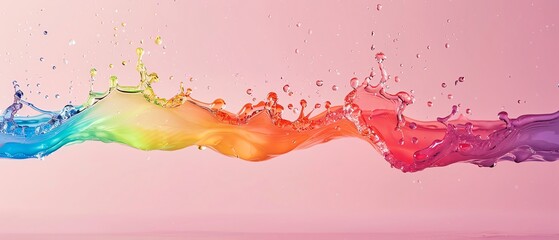 Obraz premium Rainbow liquid splashing in Gravity Waves, negative space, isolated on black background, advertising photoshoot, pride month LGBTQIA theme